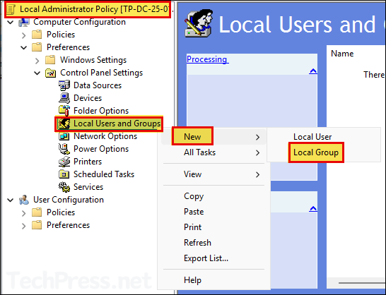 Right-click Local Users and groups and select New local group