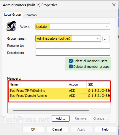 check Delete all member users and Delete all member groups while creating the GPO