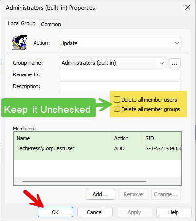 Do not select Delete all member users and Delete all member groups