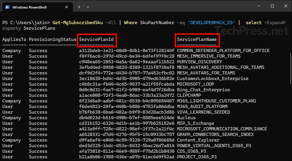 Get M365 Service Plan name and ID using Graph