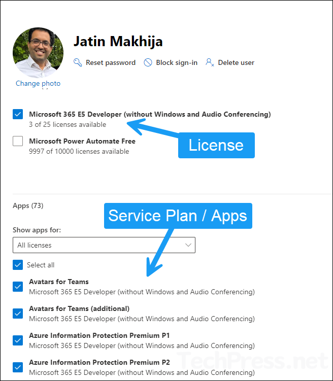 Microsoft 365 admin center service plan information for a user