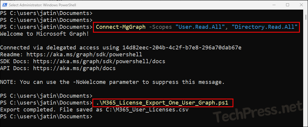 Connect to graph and execute Powershell script to get M365 license info