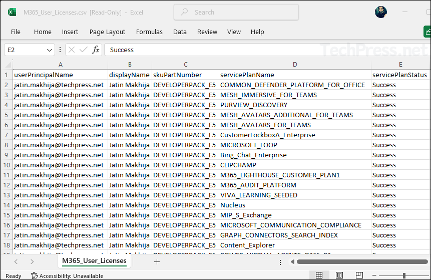 M365 One User license Service Plan Export