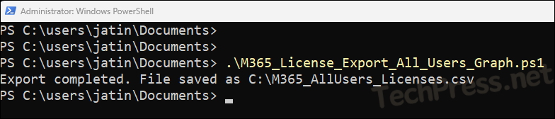 M365 license file exported to CSV for All users