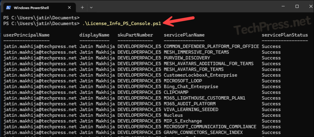 Display M365 User License Info on Powershell console for one user