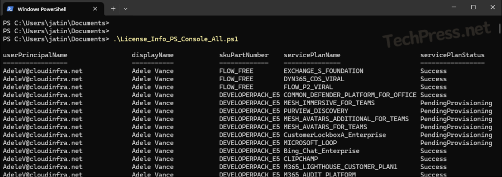 Display M365 User License Info on Powershell console for all users