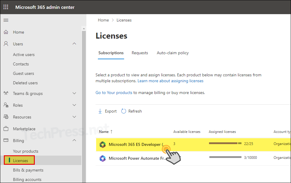 Export M365 License information from admin center