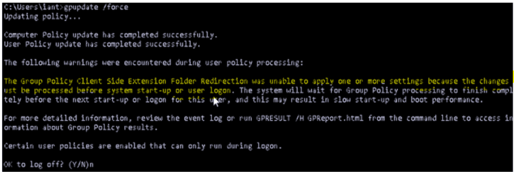 gpupdate not updating folder redirection windows