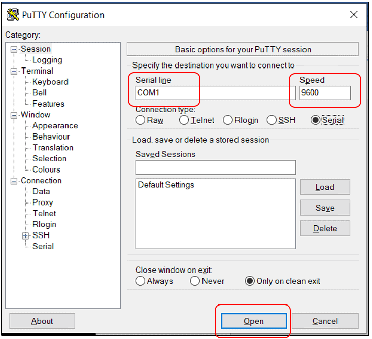 Launch Putty and connect to Serial Line