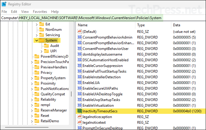 InactivityTimeoutSecs registry key