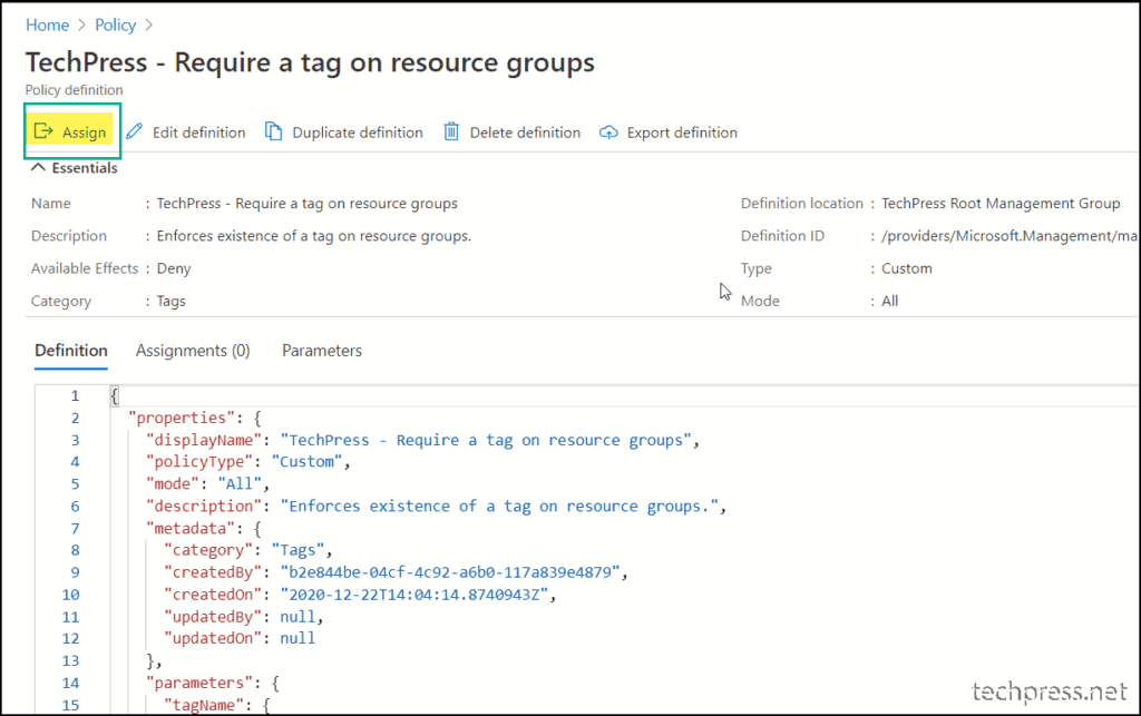 create Azure Policy to enforce resource tags