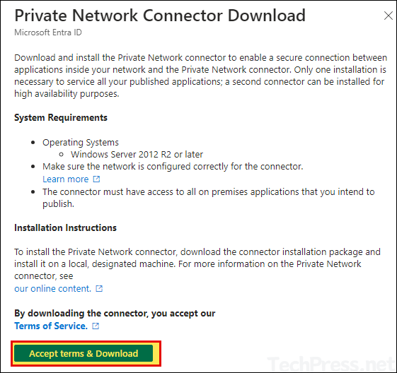 Accept terms and download Private Network Connector