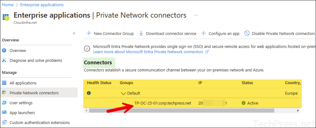 Private network connector agent registered on Entra admin center