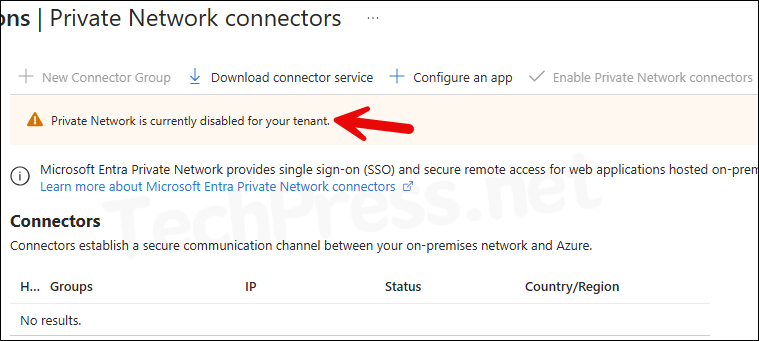 Private Network is currently disabled for your tenant