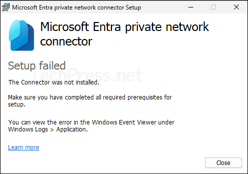 Microsoft Entra private network connector setup failed