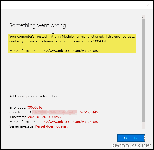 Trusted Platform Module has malfunctioned. Error Code 80090016