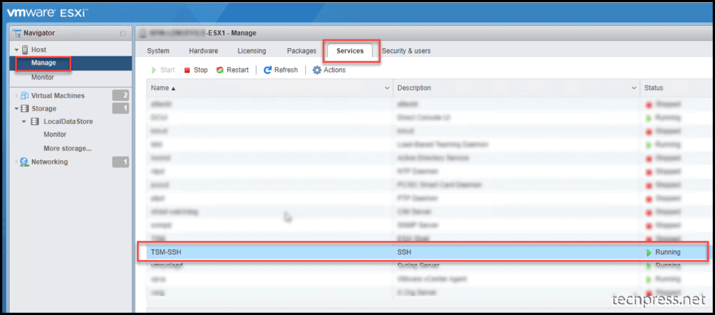 Verify if TSM-SSH Service is running on vmware ESXi host