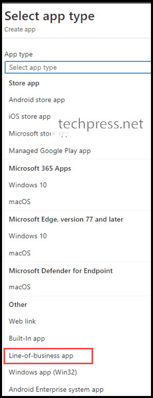 Line-of-business app option on Intune