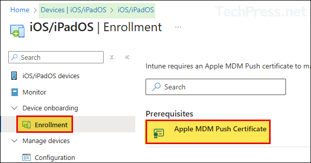 Select Apple MDM Push Certificate on Intune admin center