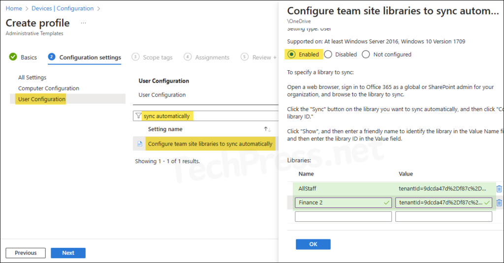 Enable Configure team site libraries to sync automatically policy