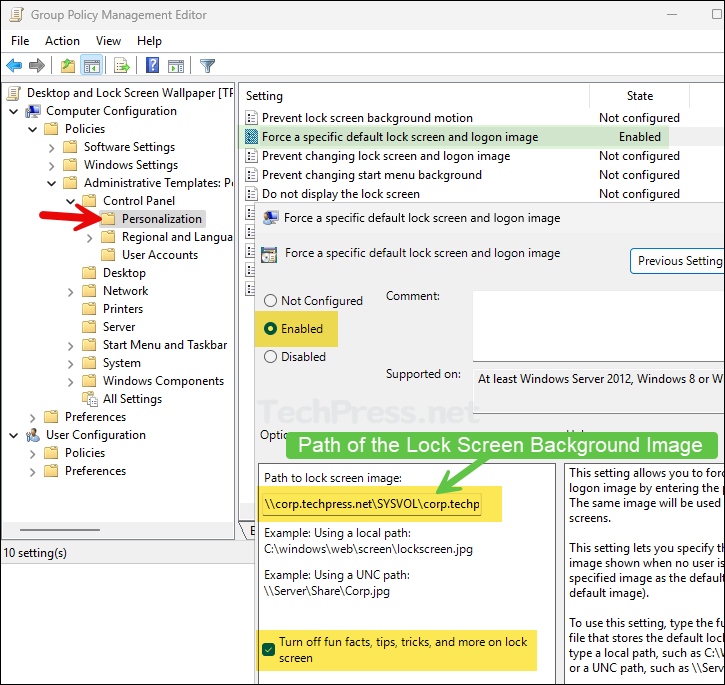 Configure Force a specific default lock screen and logon image Group policy setting