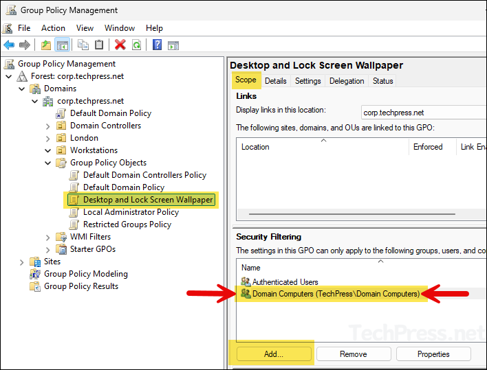 Add Domain Computers to the Security Filtering