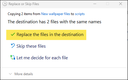 Replace the files in the destination