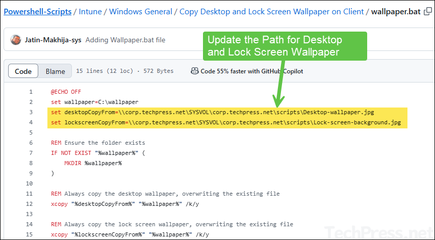 Batch file to copy desktop and lock screen wallpaper files on local computer