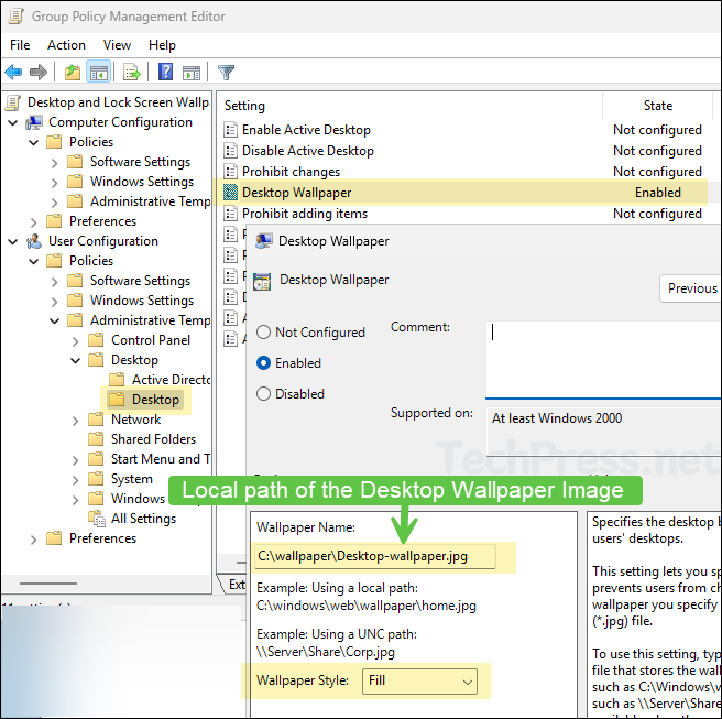 Configure Desktop Wallpaper GPO setting and set it to local desktop wallpaper path