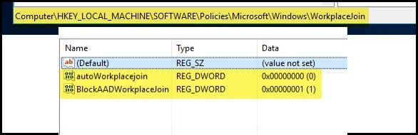 autoWorkplaceJoin and BlockAADWorkplacejoin registry entries