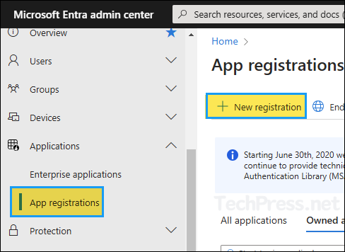 Click on New registration to create an App registration in Entra ID