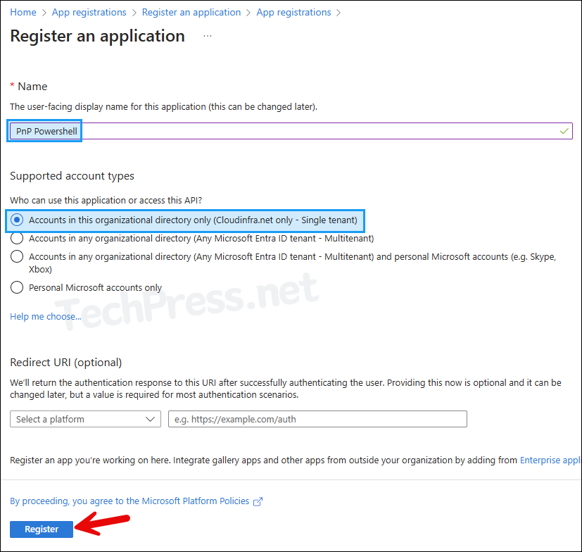 Provide a Name and select Supported Account types to register an application in Entra ID