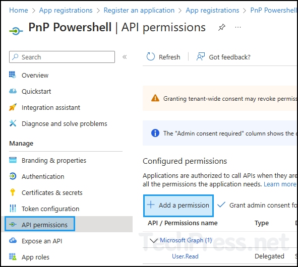 Add API Permissions to this App in Entra ID