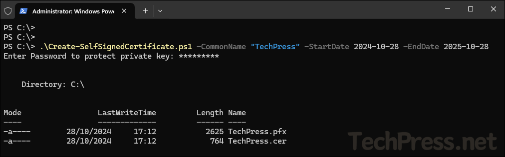 Create a Self-signed certificate using Powershell script