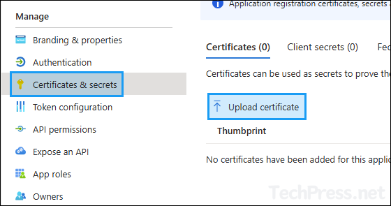 Upload the Self-signed certificate to the App registration