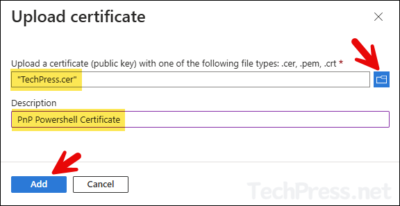 Upload the CER File to the app registration