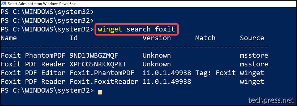 winget search foxit