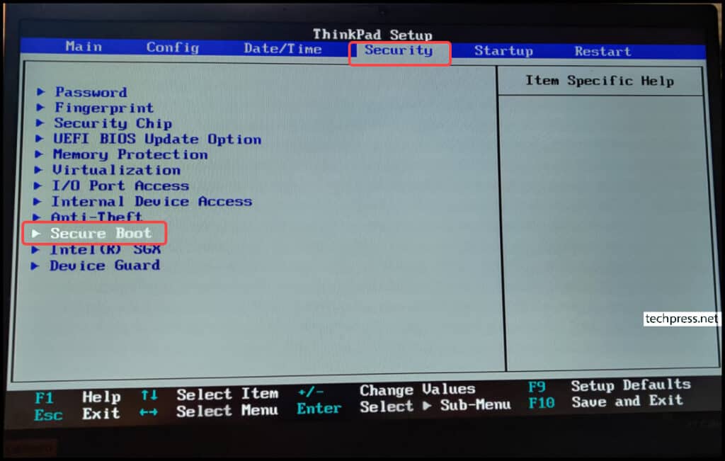Secure Boot option under security in BIOS