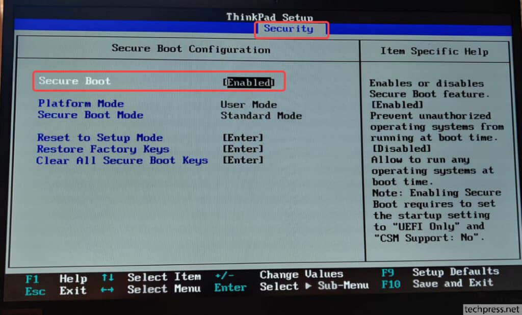 Secure Boot option in BIOS