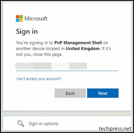PnP Management Shell Sign in Page.