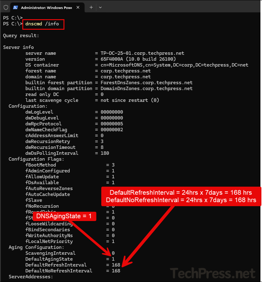 dnscmd /info command to check scavenging configuration