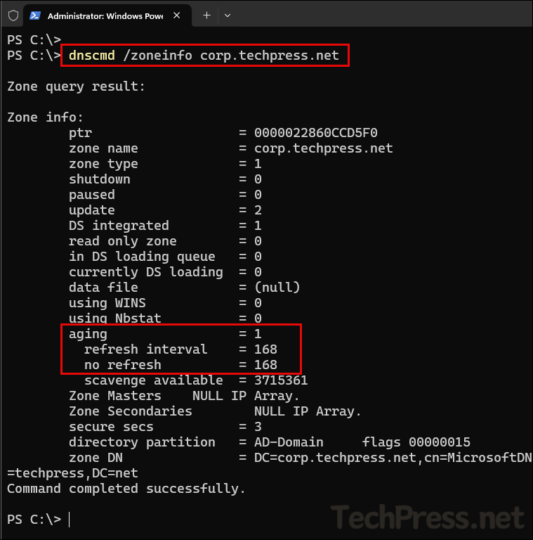 dnscmd /zoneinfo command to verify scavenging at the zone level