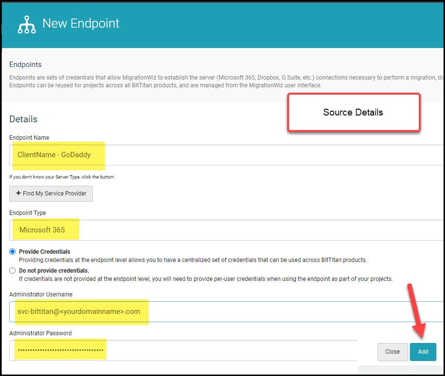 Create Bittitan Migration Project Mailbox Project Type