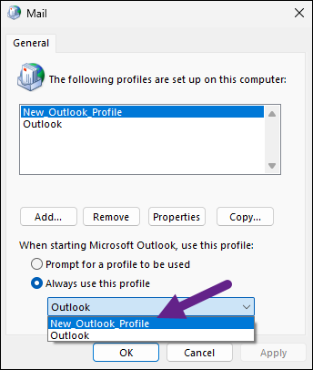 Select the new outlook profile