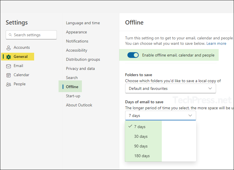 Cached Mode Settings in New Outlook App