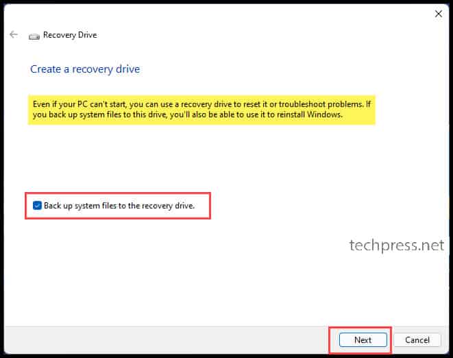 Back up system files to the recovery drive