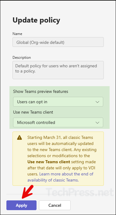 Configure teams update policy to enable preview options