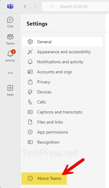 Click on About Teams option in New Teams App