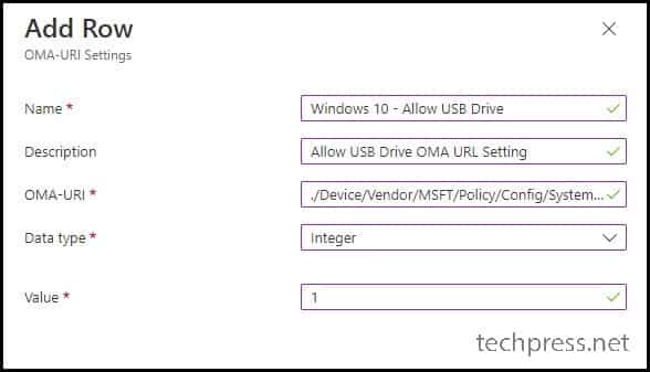 Intune USB Drive Block Policy Exclusions OMA URL setting