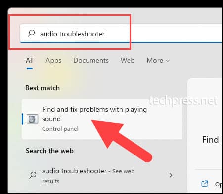 Audio Troubleshooter from Start Menu in Windows 11